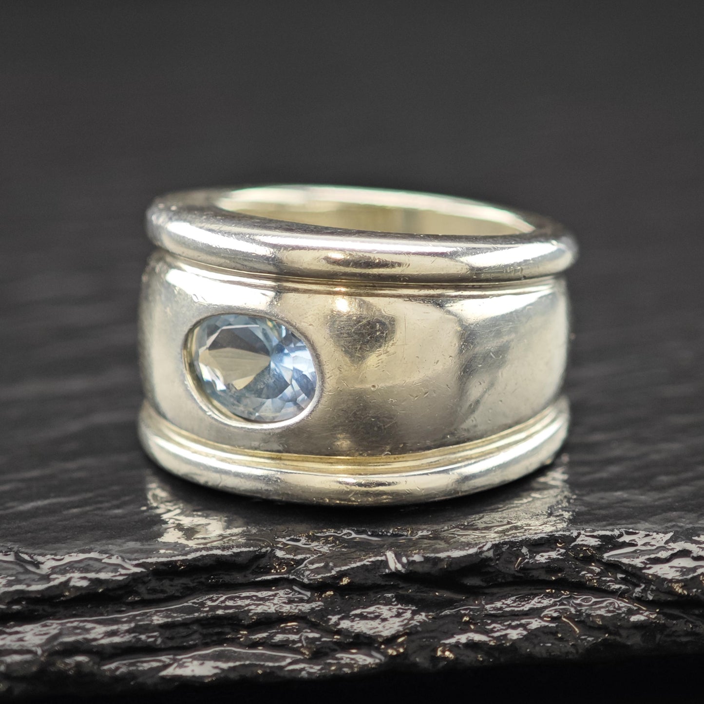 Sterling Silver Ring Wide Band with Blue Topaz Size 6 R6100