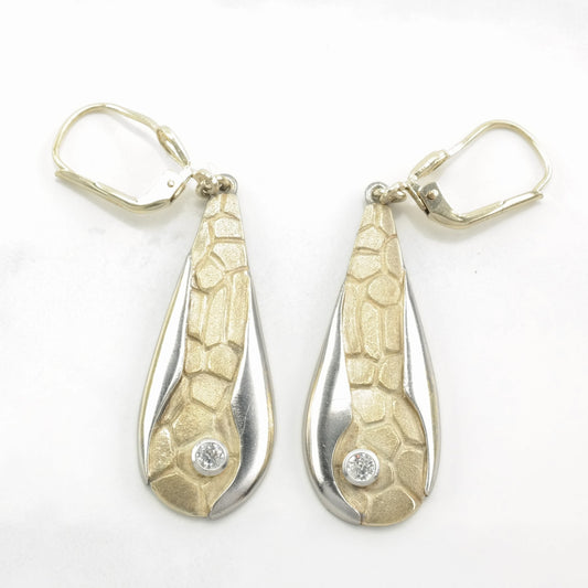 Sterling Silver Two Tone, White CZ, Mixed Metal Texture Earrings Leverback