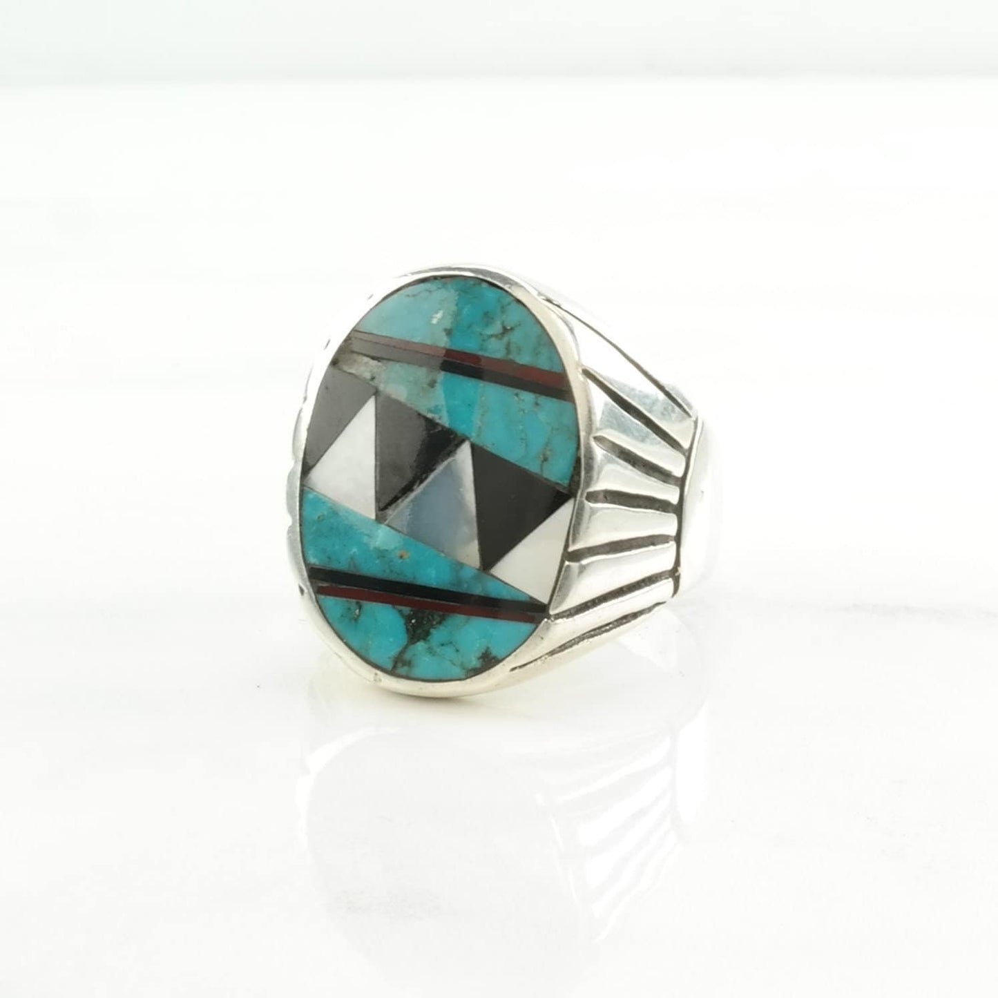 Native American Silver Ring Turquoise, Onyx, MOP Inlay Sterling Blue, Black, White Size 12 3/4