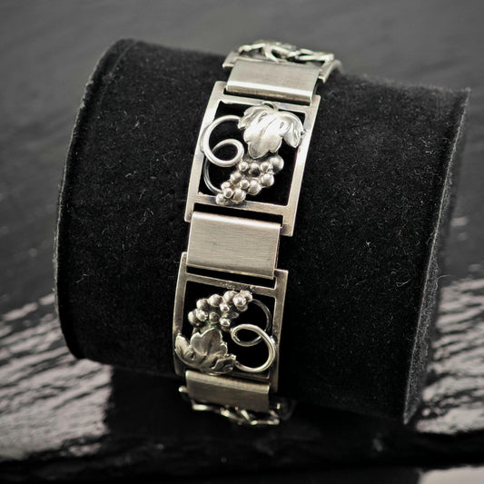 1970 Denmark Modernist Grape Vine Panel Link Bracelet Sterling Silver Sz 7" BR3172