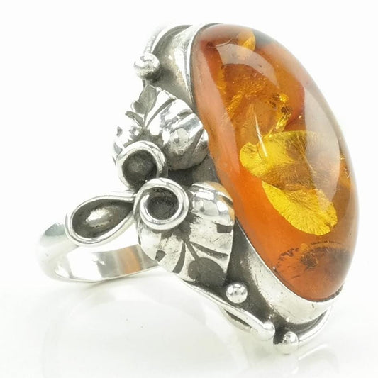 Vintage Art Nouveau Style Silver Ring Amber Sterling Orange Size 8