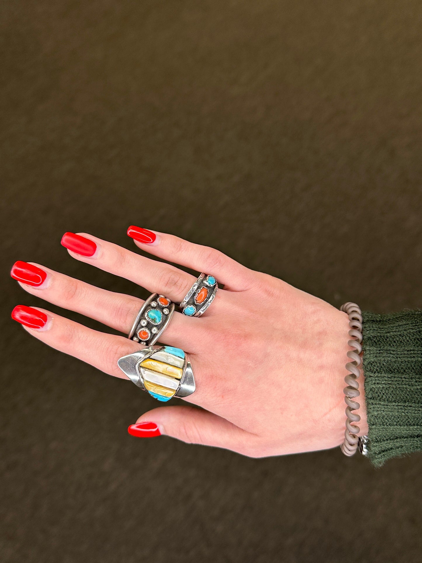 Native American Silver Ring Turquoise Coral Shadowbox Band Sterling Size 8 3/4