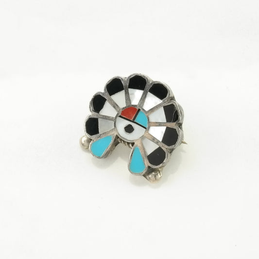 Zuni Sterling Silver Brooch Pendant Inlay Turquoise, MOP, Onyx, Coral