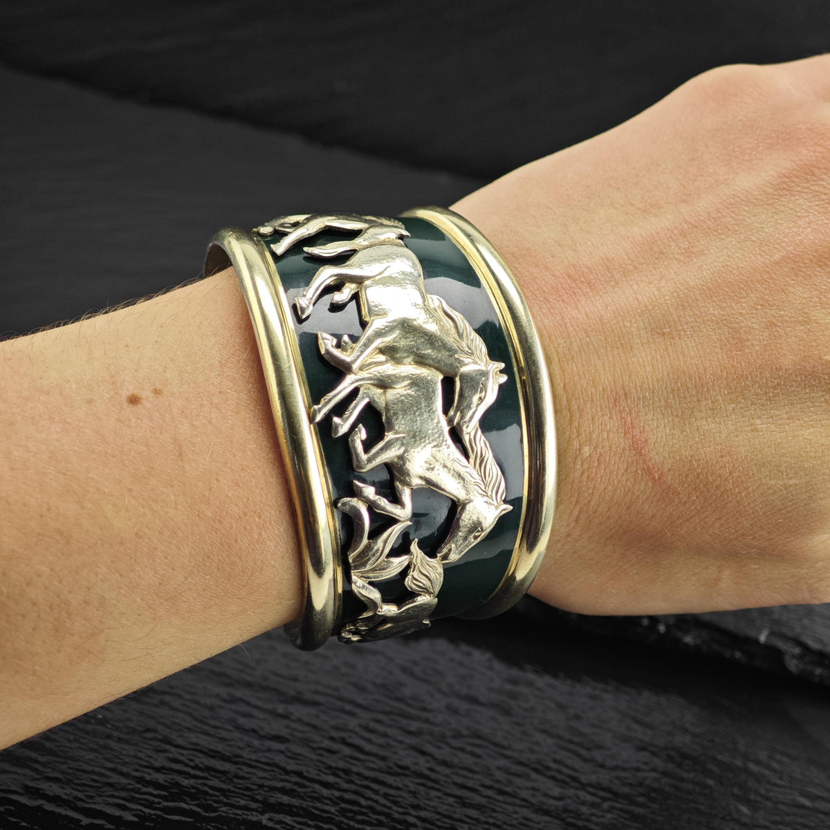 La Nouvelle Bague Horse 18k Gold Enamel Sterling Silver Cuff Sz 6 3/4 BR3147