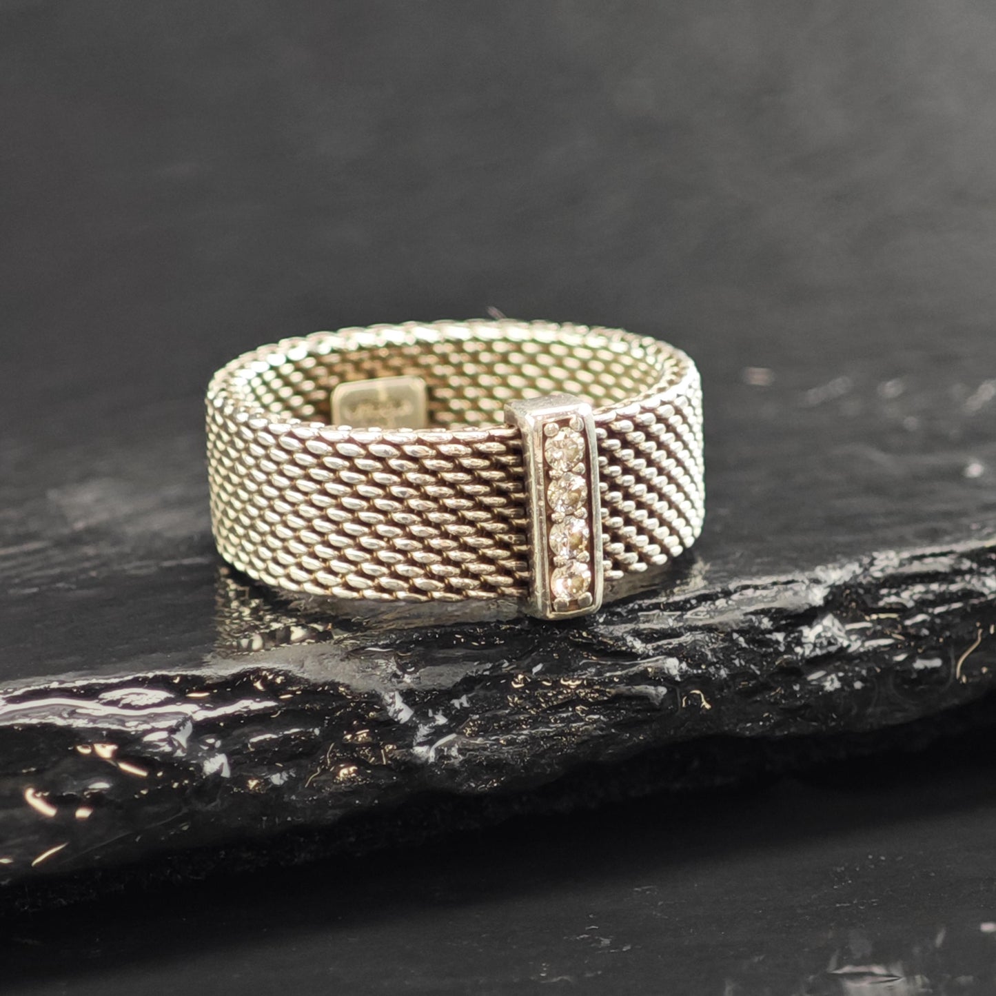 Vintage Tiffany & Co. Diamond Somerset Mesh Sterling Silver Ring Sz 5 1/4 R6579