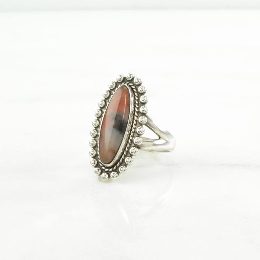 Native American Silver Ring Petrified Wood Navette Sterling Orange Size 6 1/2