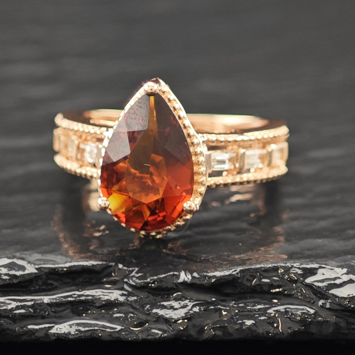 Natural Garnet Teardrop 14K Rose Gold Plated Ring Sterling Silver Sz 6 R6168
