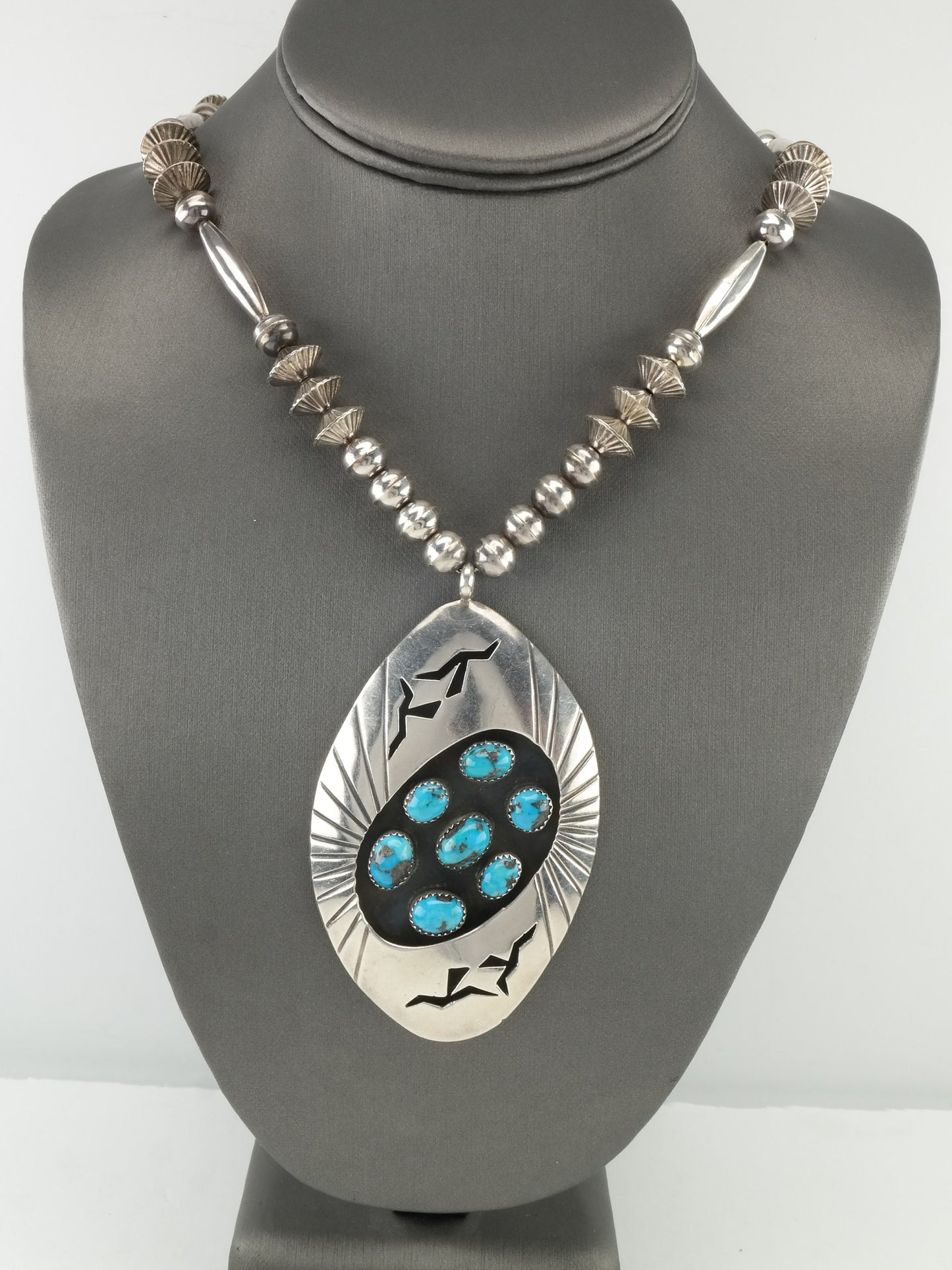 Native American Sterling Silver Turquoise Cluster Shadowbox Navajo Beads Necklace