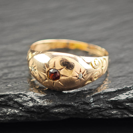 1909 Antique 9k Gold Ring Garnet Diamond Ring