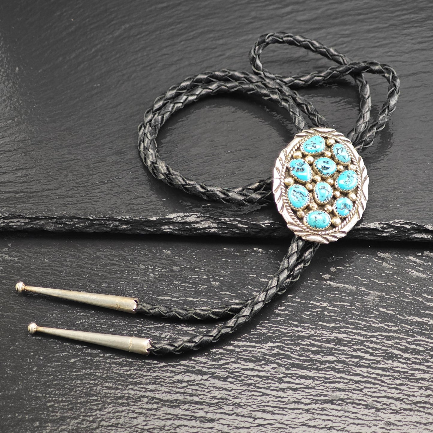 Vintage Native American Sterling Silver Sleeping Beauty Turquoise Cluster Bolo Tie Necklace N2746