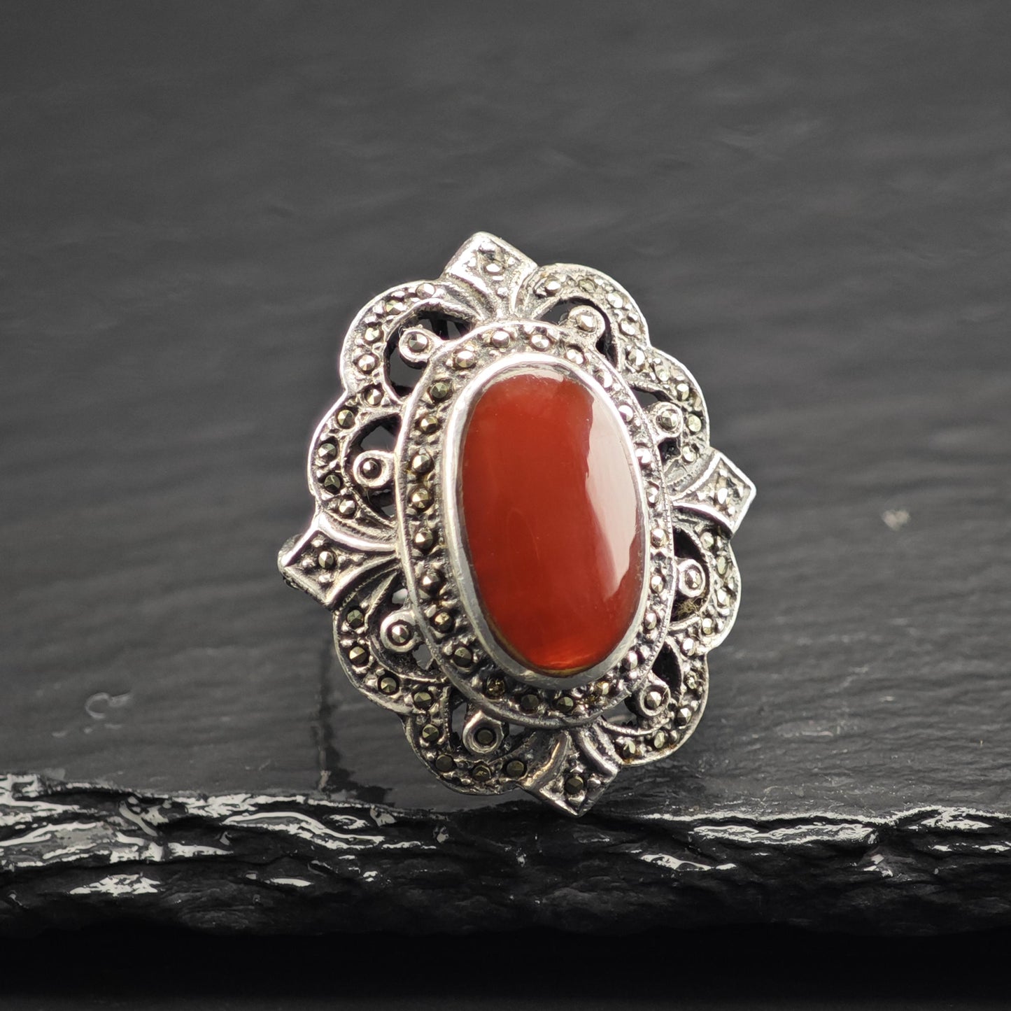Large Art Deco Style Carnelian Cabochon Sterling Silver Ring Sz 9 1/4 R6706
