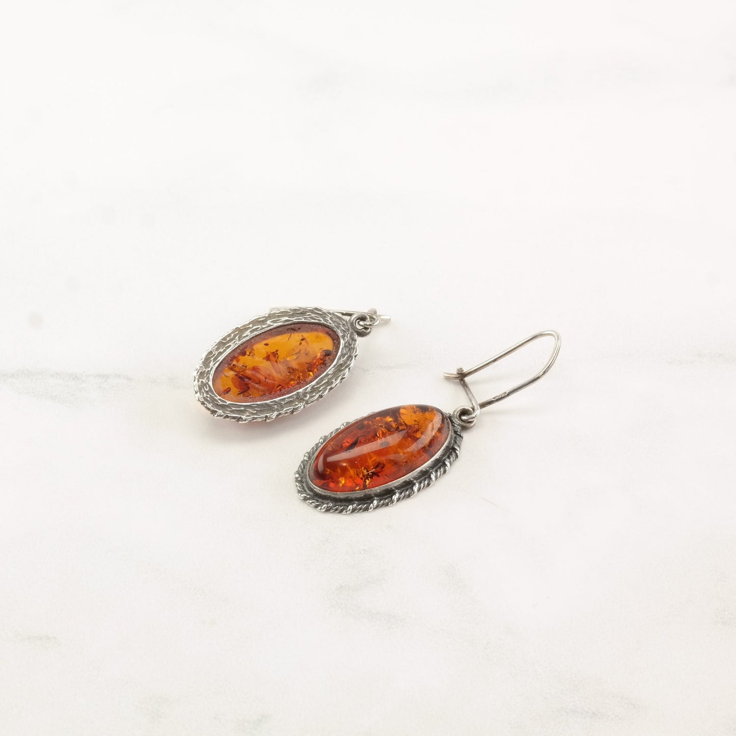 European Sterling Silver Baltic Amber Oval Earrings Fish Hook