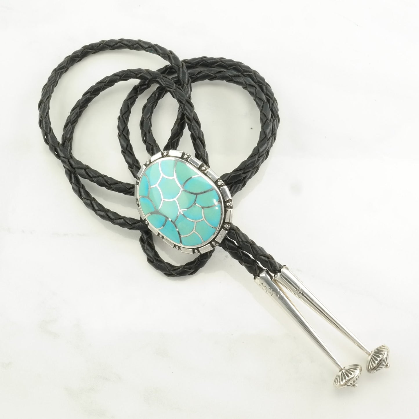 Zuni Turquoise Fish Scale Inlay Bolo Tie Native American Sterling Silver Blue Necklace