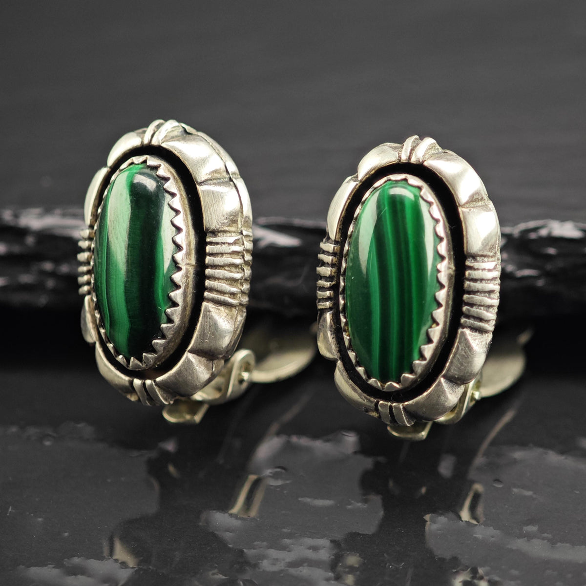 Vintage Native American Malachite Sterling Silver Clip On Earrings ER3216
