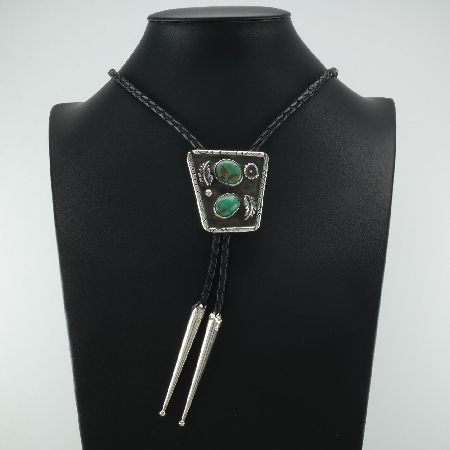 Green Turquoise Two Stone Bolo Tie Necklace Southwest Sterling Silver Vintage