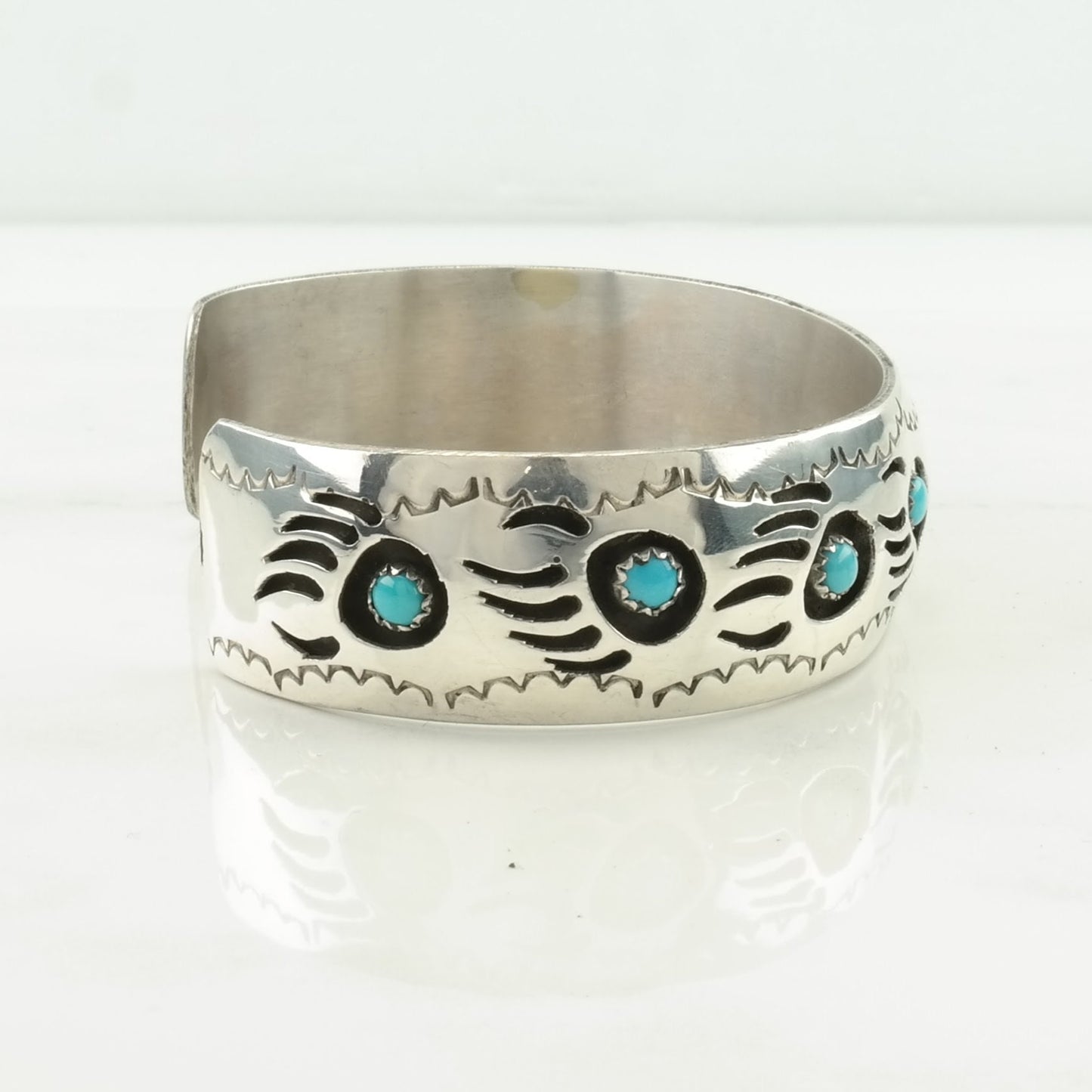 Native American Sterling Silver Cuff Bracelet Blue Turquoise Shadowbox, Bear Claw, Paw