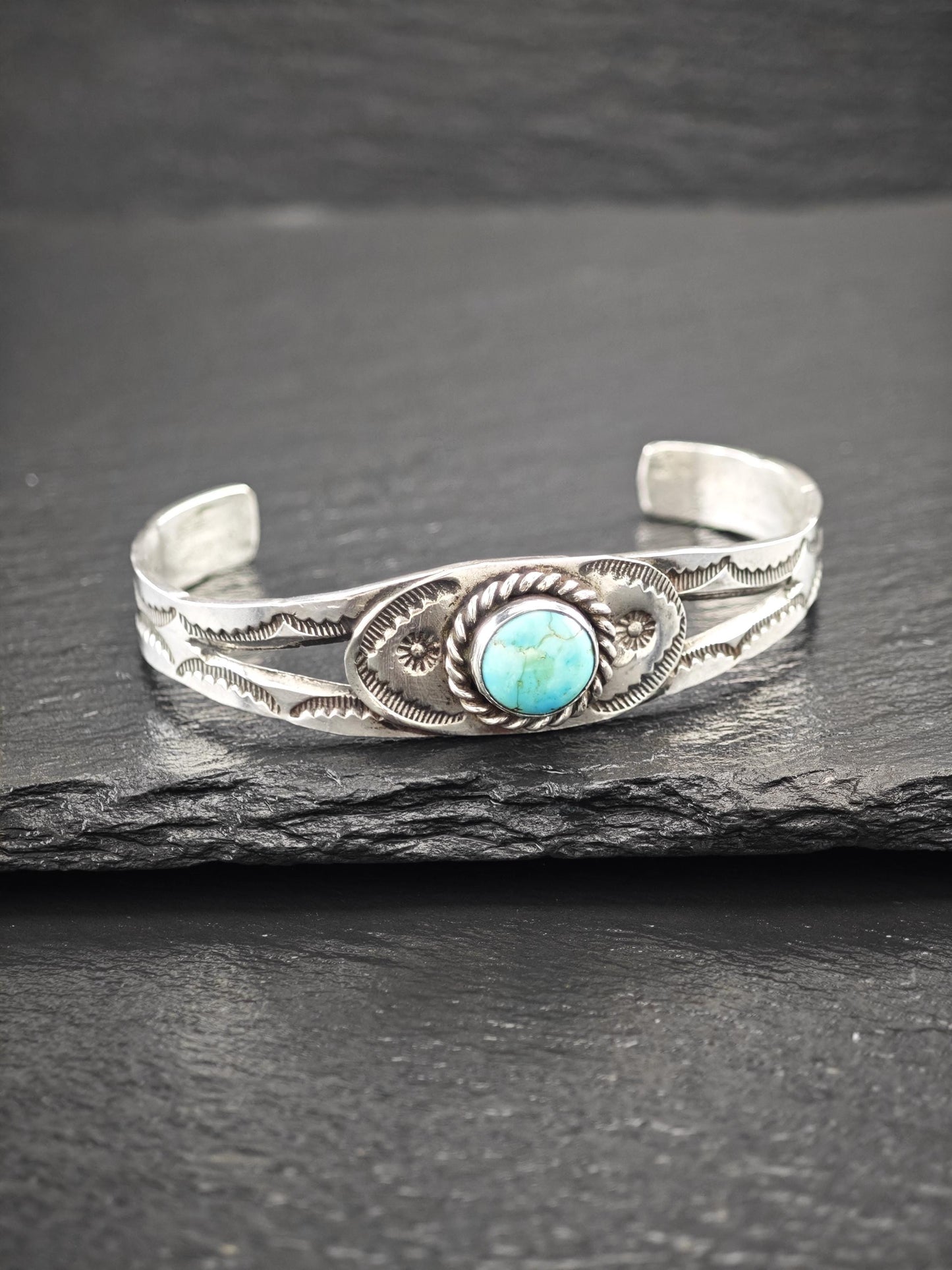 Native American Turquoise, Stamped Cuff Bracelet Sterling Silver