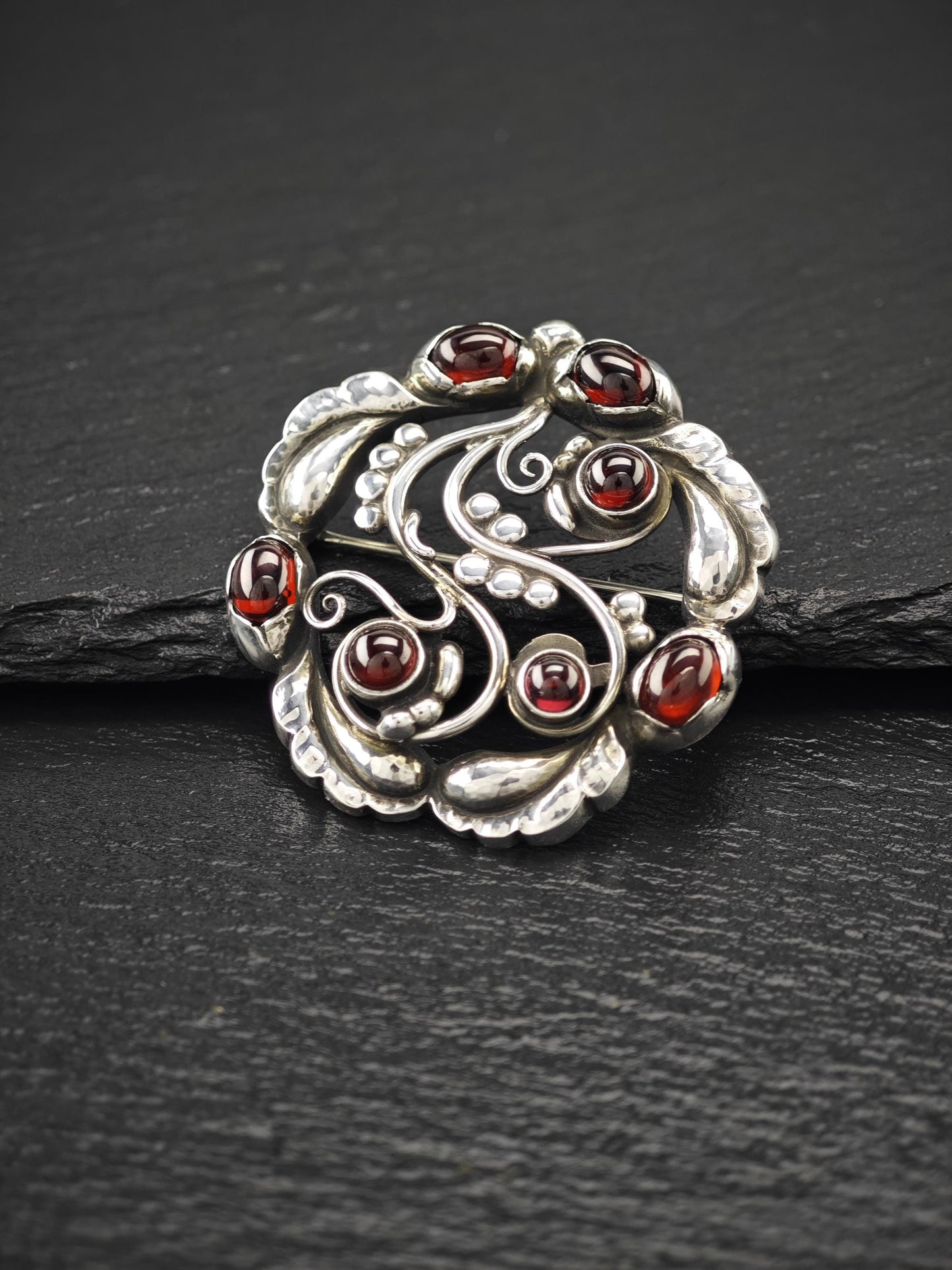 Georg Jensen 159, Garnet Moonlight Blossoms Brooch Sterling Silver