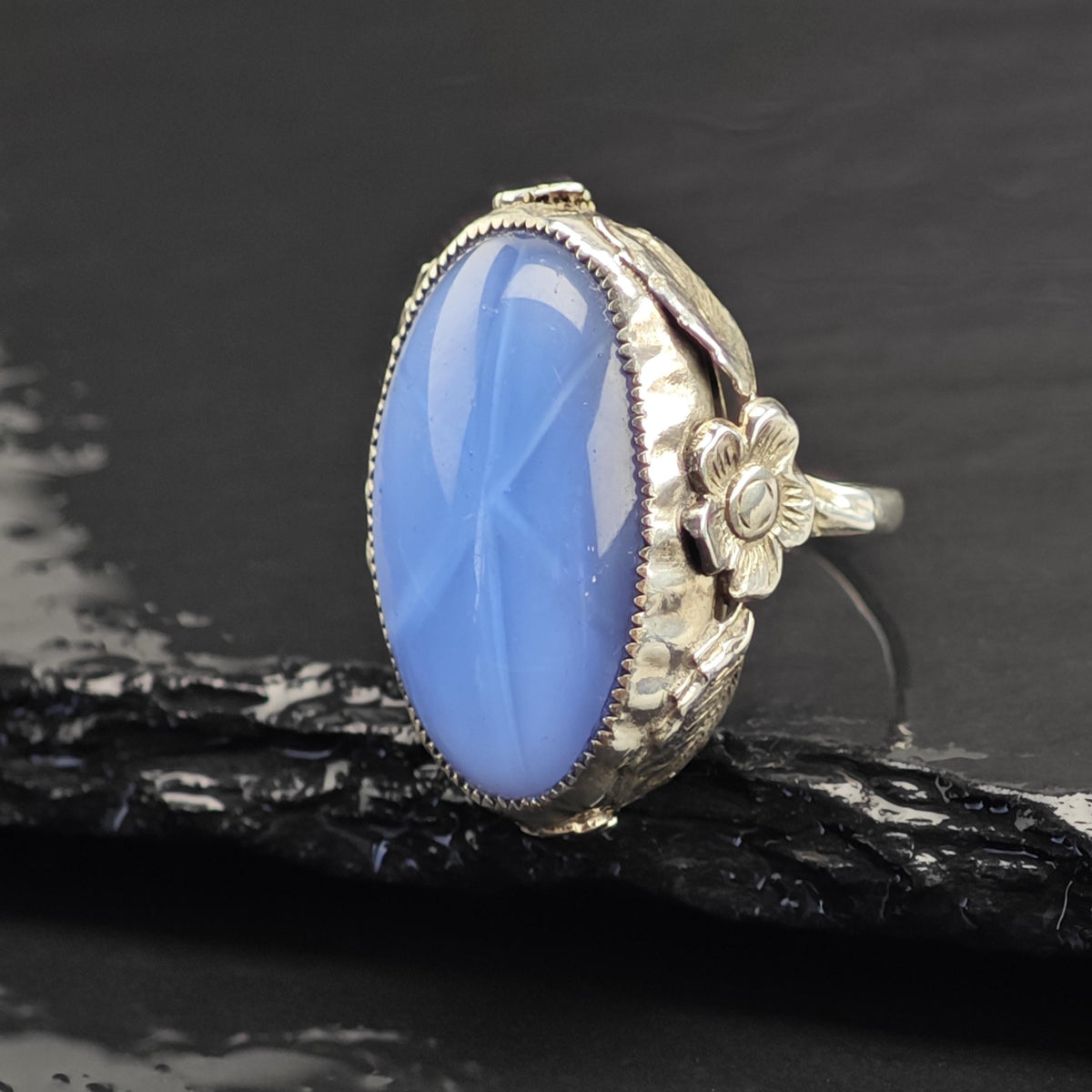Art Nouveau Blue Stone Sterling Silver Ring Sz 5 1/2 R6738