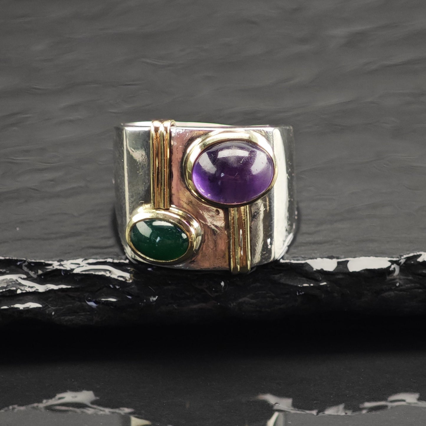 Amethyst Chrysoprase Cabochon 14k Gold Accents Sterling Silver Ring Sz 8 1/4 R6726
