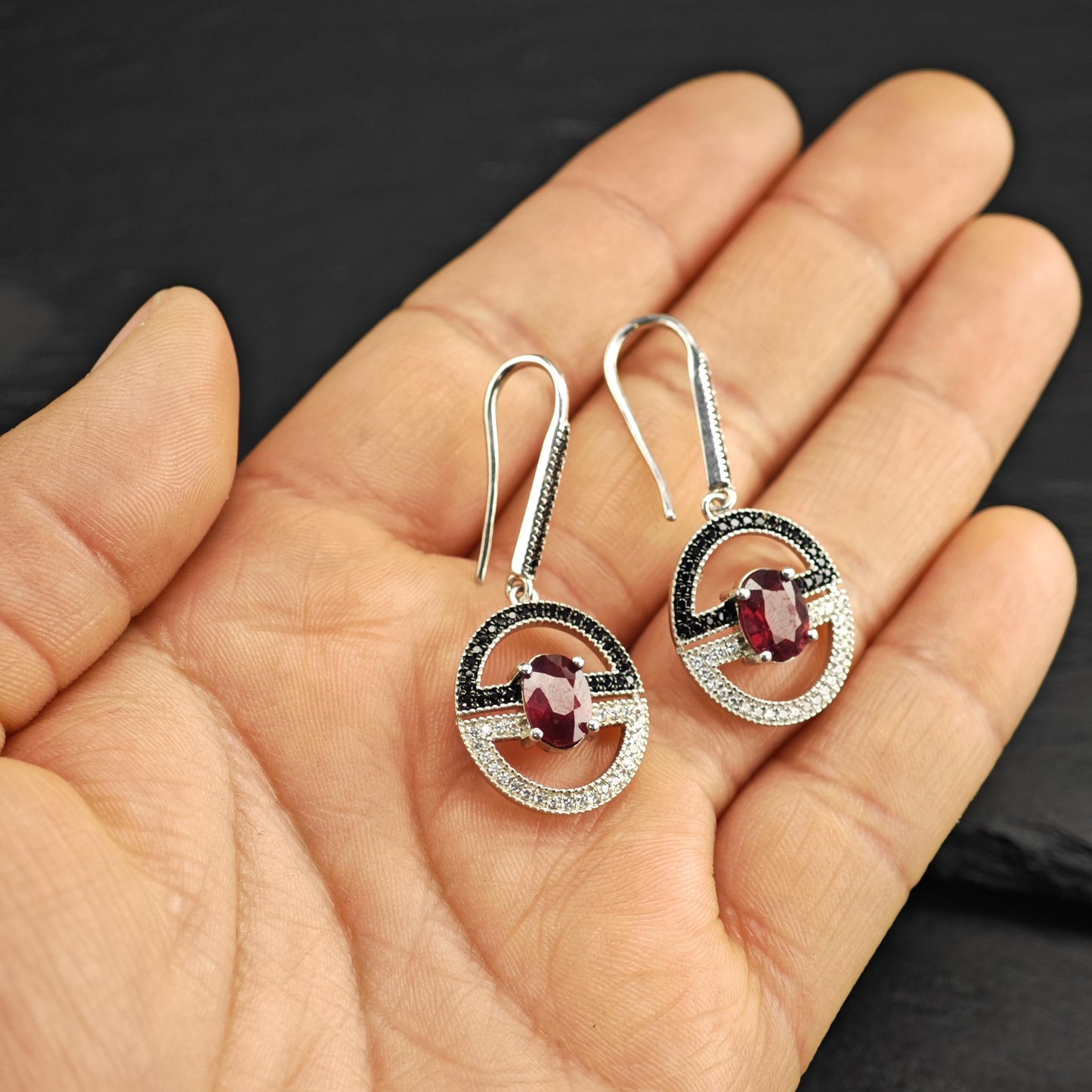Glass Filled Ruby Spinel Dangle Hook Sterling Silver Earrings ER3109