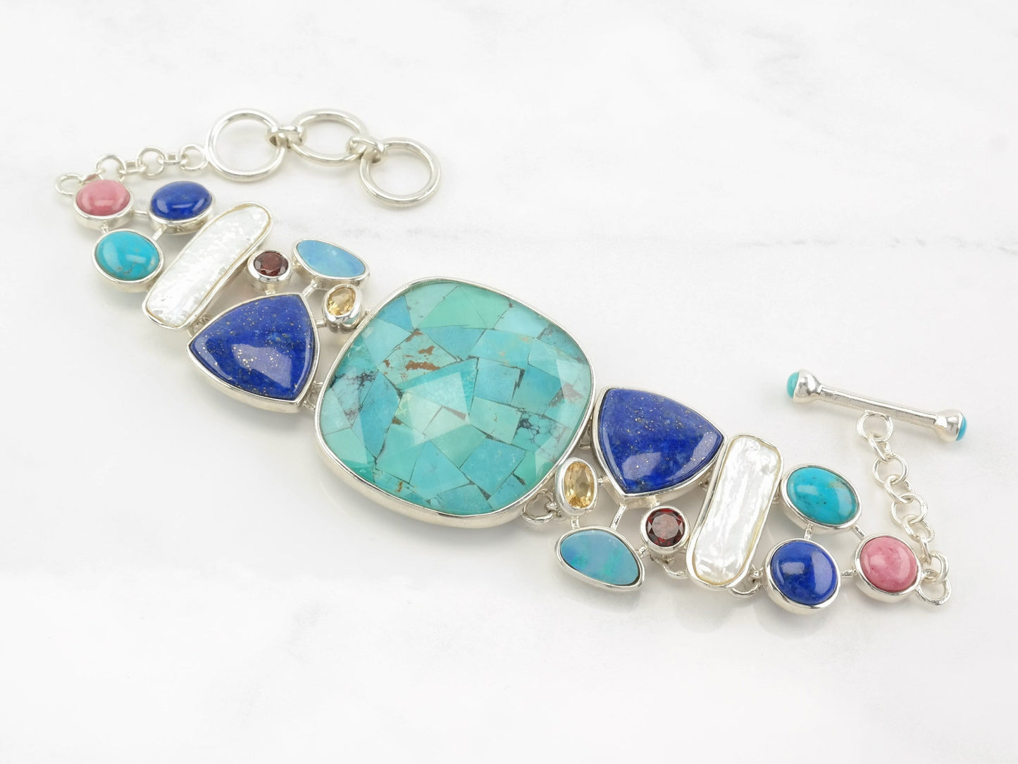 Modernist Sterling Silver Line Bracelet Multi Stone, Turquoise, Lapis Lazuli, Opal