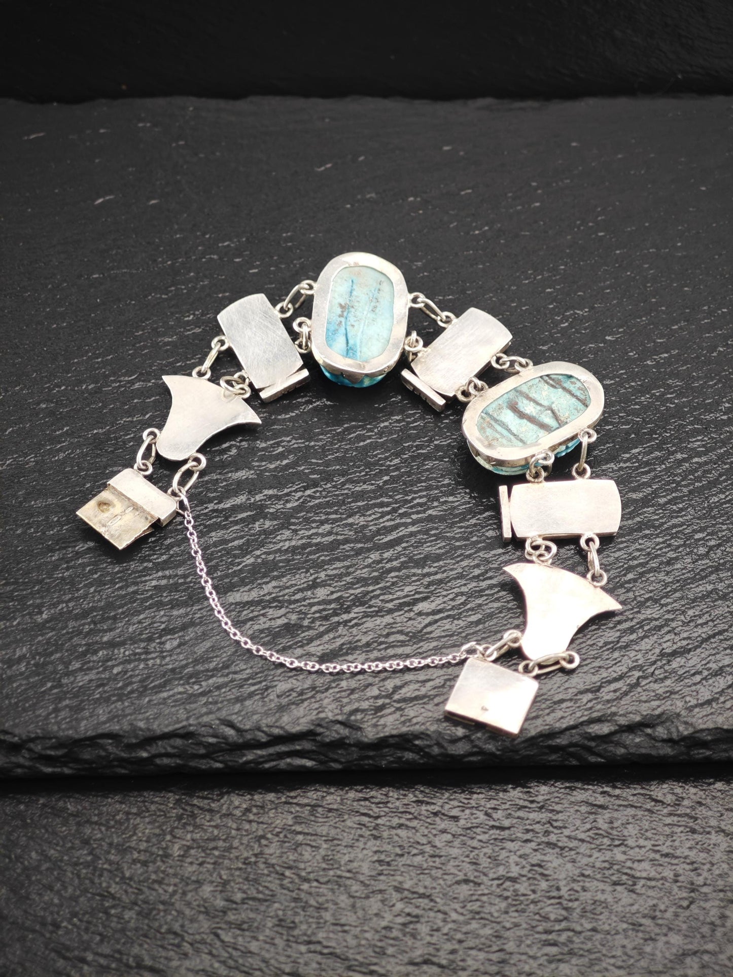 Egyptian Revival Cartouche & Carved Scarab Bracelet Sterling Silver