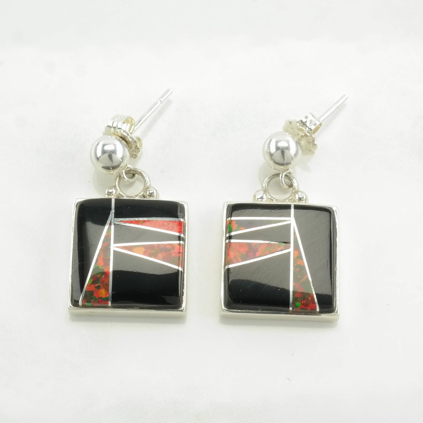 Ferris Sterling Silver Onyx, Fire Lab Opal Inlay Earrings Stud, Dangle