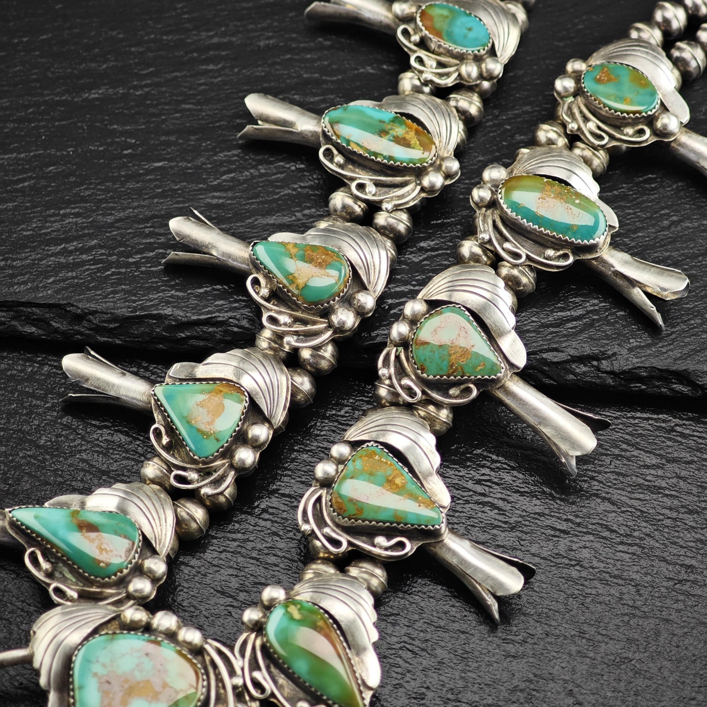 Native American Green Royston Turquoise Squash Blossom Necklace Sterling Silver