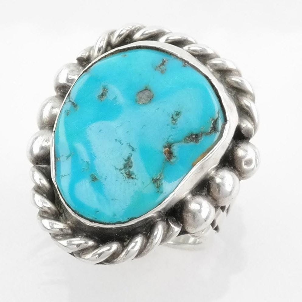 Vintage Native American Sterling Silver Ring, Natural Turquoise Blue Size 7 1/4