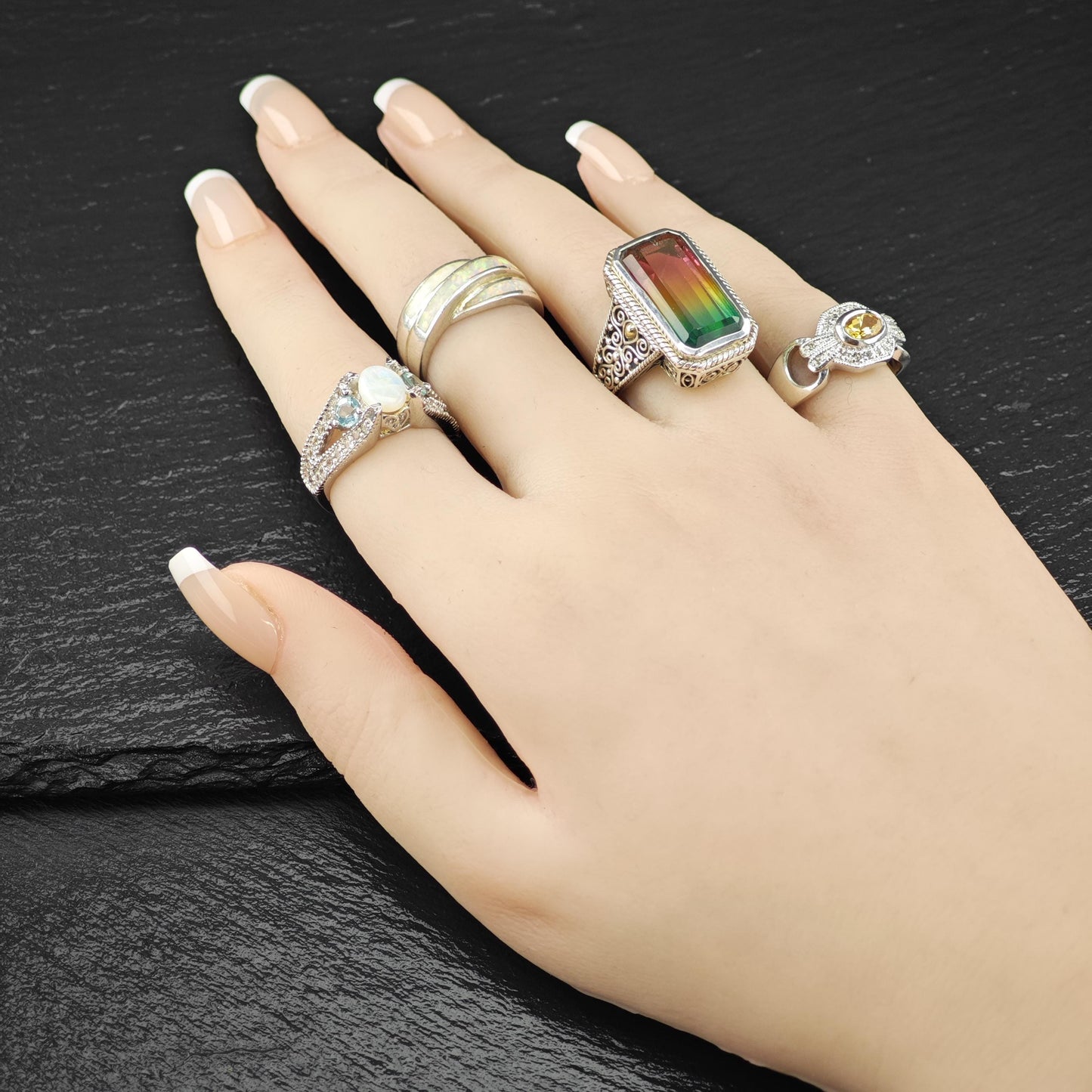Opal Silver Statement Ring with Blue Gems Size 7 R6143