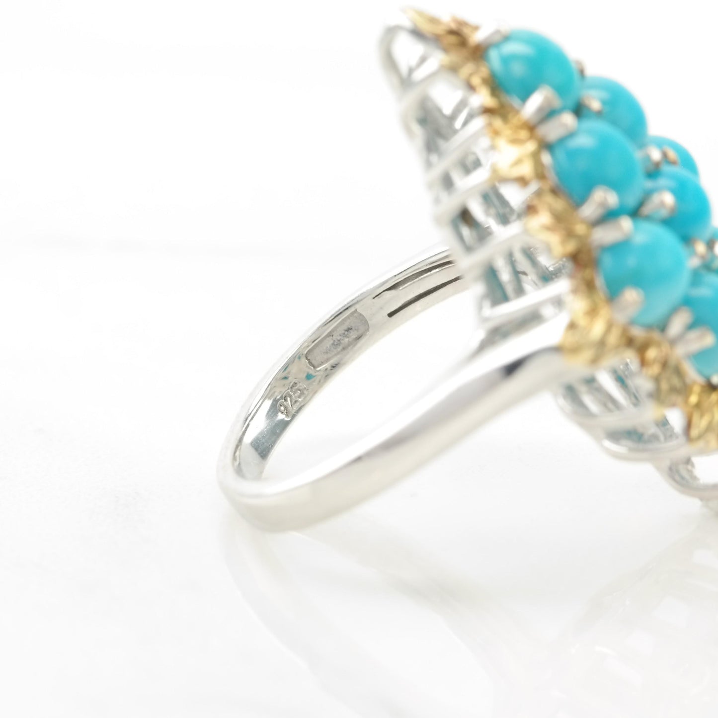 Vintage Sterling Silver Ring Created Turquoise Cluster Gold Plated Top Blue Size 6