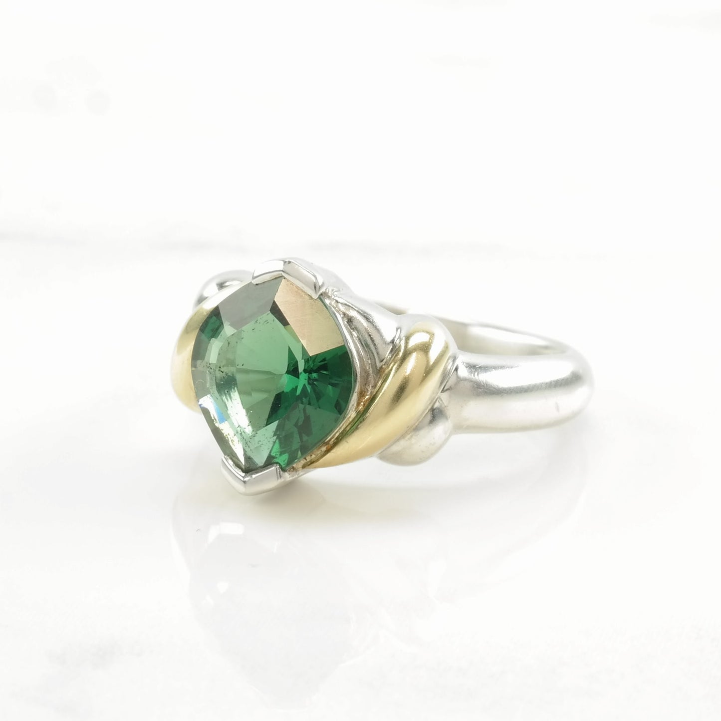 Vintage Sterling Silver Ring Green Gemstone 18K Gold Accent Size 6