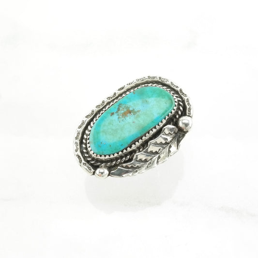 Native American Silver Ring Turquoise Leaf, Large Sterling Blue Size 6 3/4