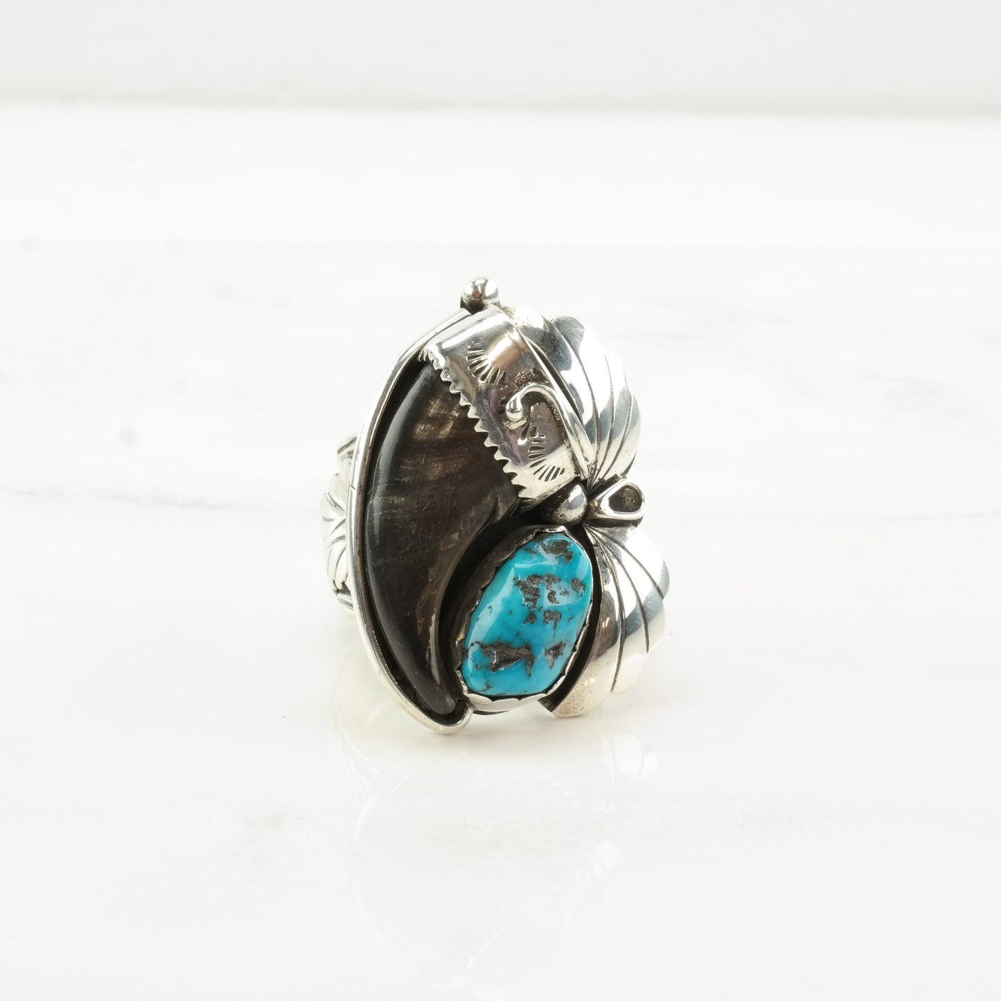 Native American Silver Ring Turquoise Fang Leaf Stamped Sterling Size 9 1/2