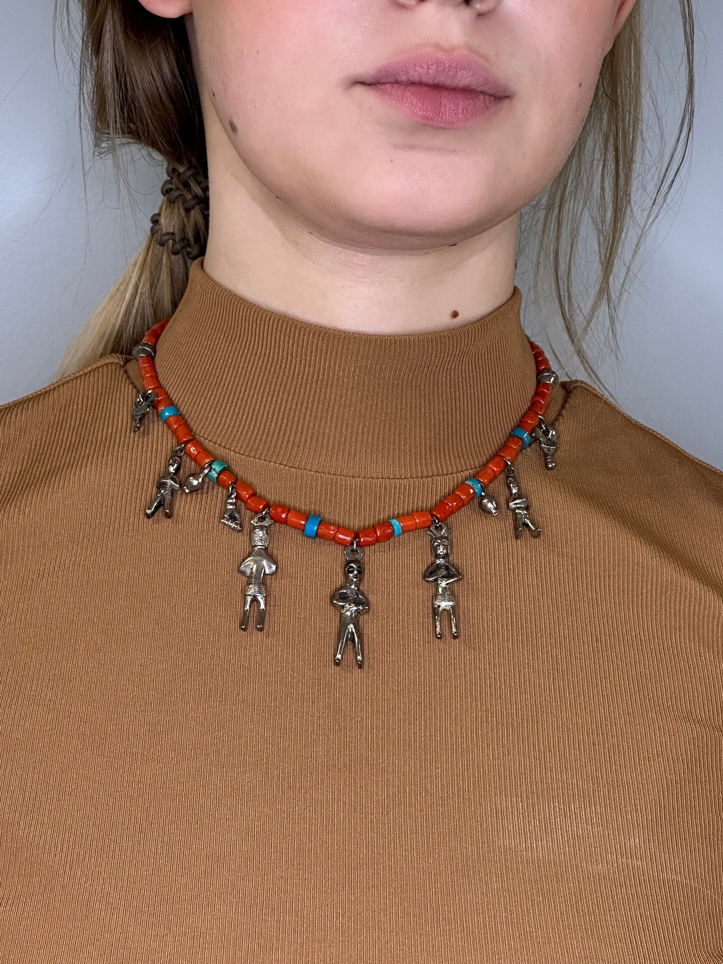 Native Sterling Silver Coral, Turquoise Bead, Figure Necklace N1873