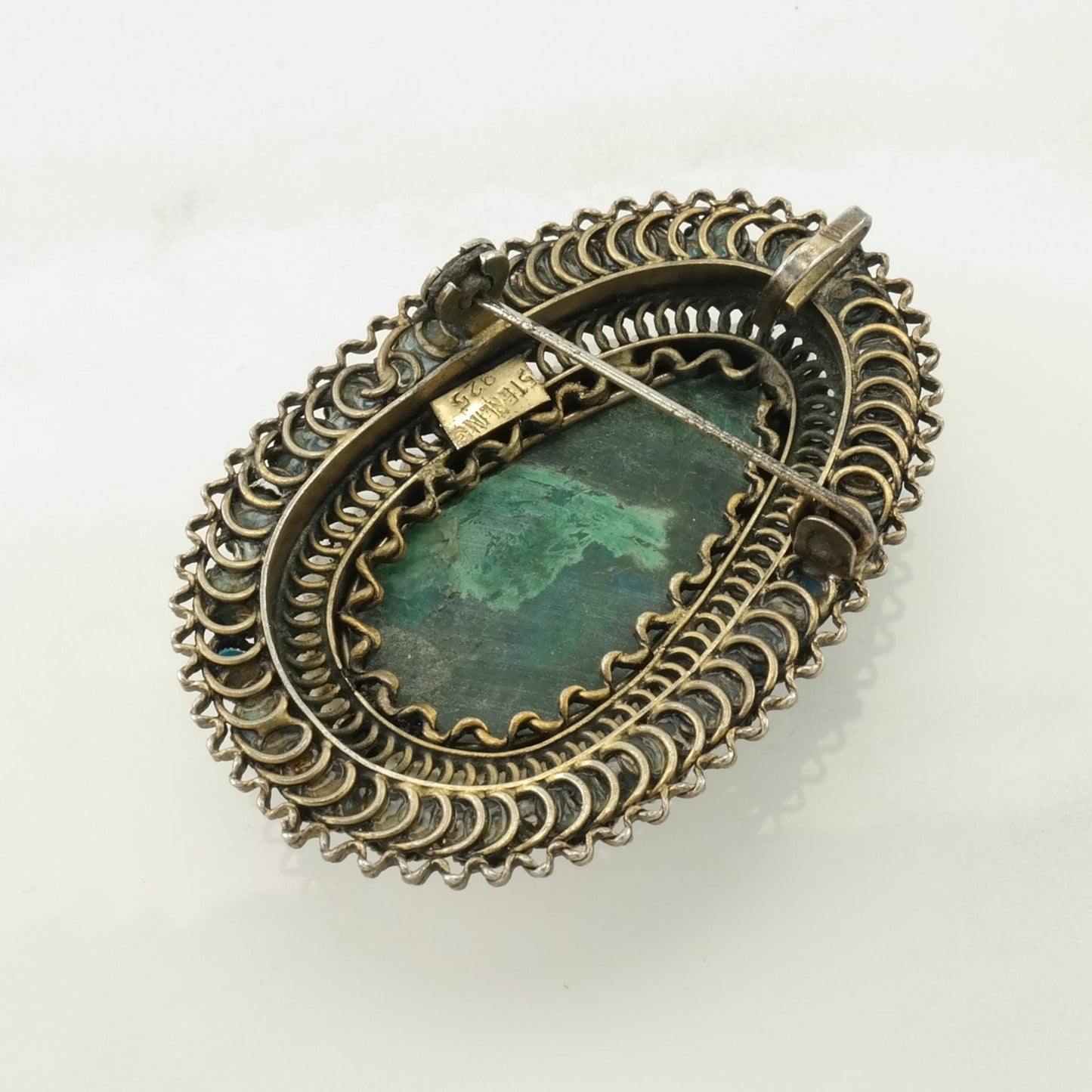 Israel Sterling Silver Brooch Pendant Filigree Blue, Green Created Turquoise, Eilat Stone