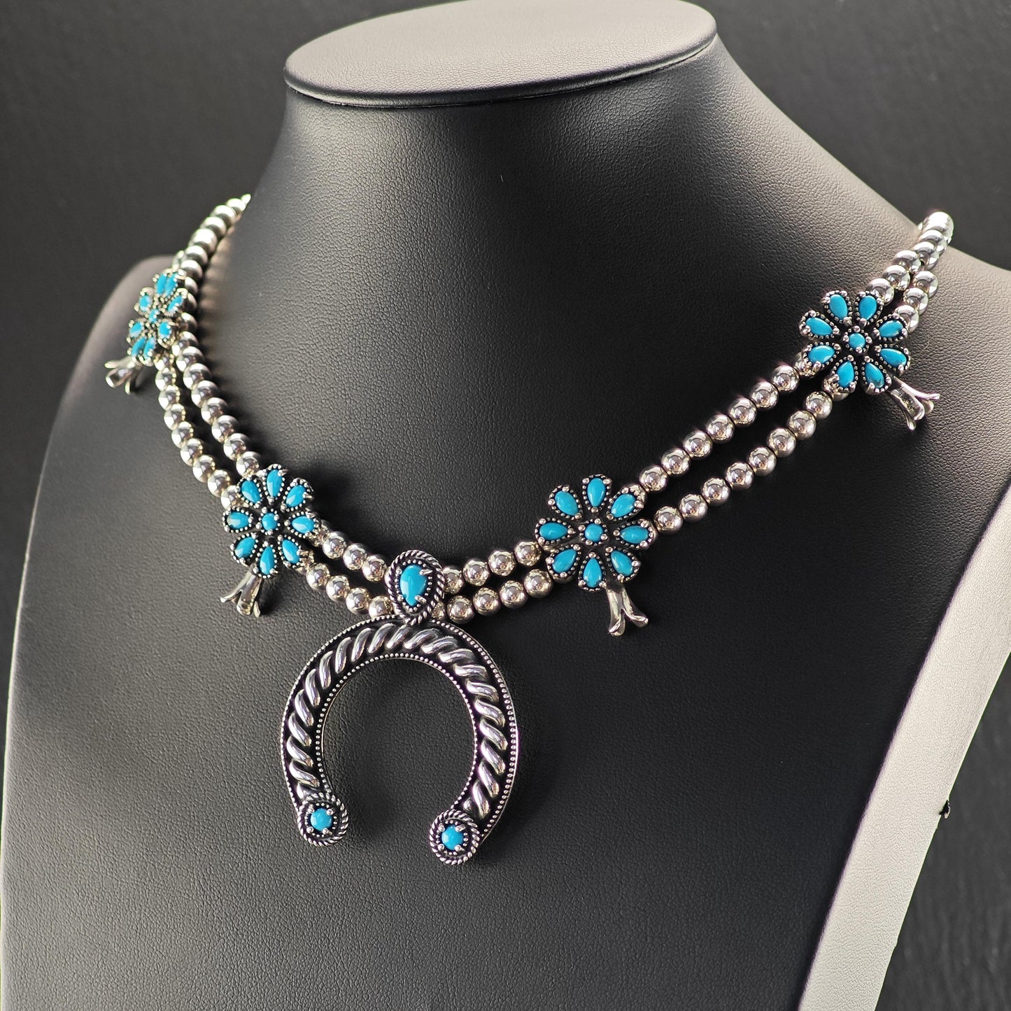 Carolyn Pollack Sterling Silver Squash Blossom Necklace with Removable Blue Turquoise Pendant