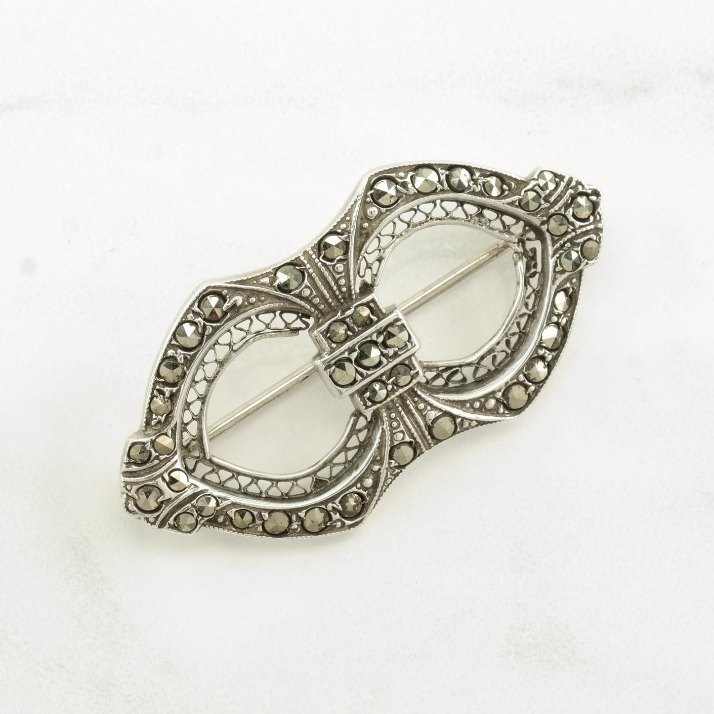 Art Deco Style Sterling Silver Brooch Marcasite