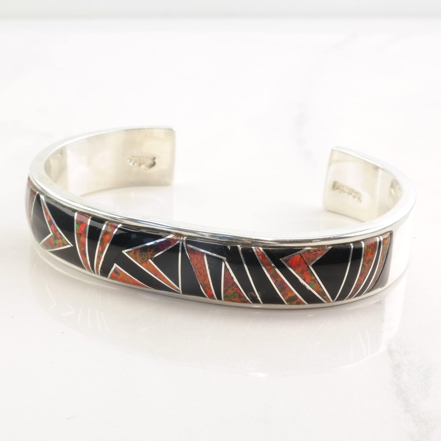 Southwest Sterling Silver Cuff Bracelet Fire Lab Opal Onyx Inlay