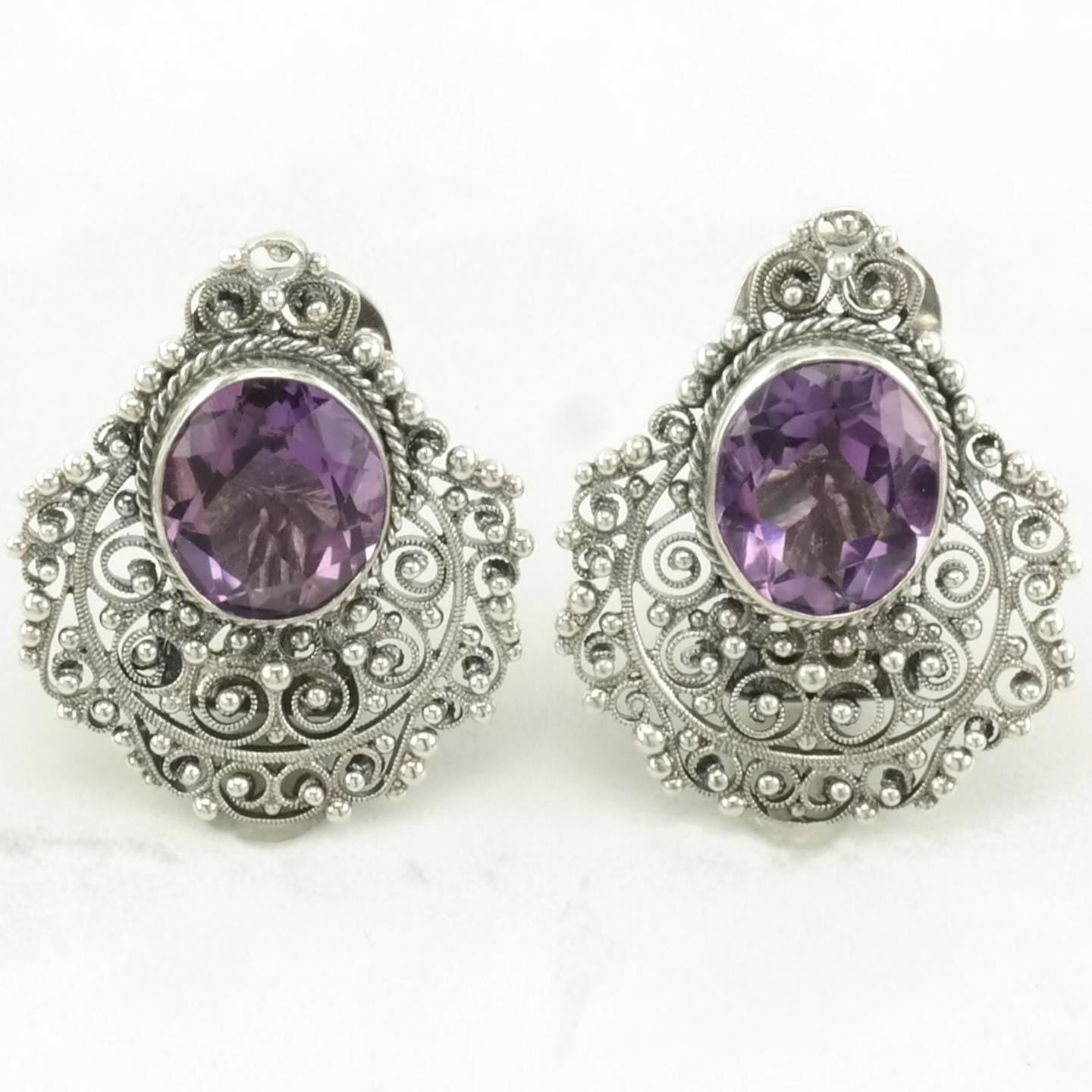 Mid Century Sterling Silver Purple Amethyst Filigree Earrings Clip On