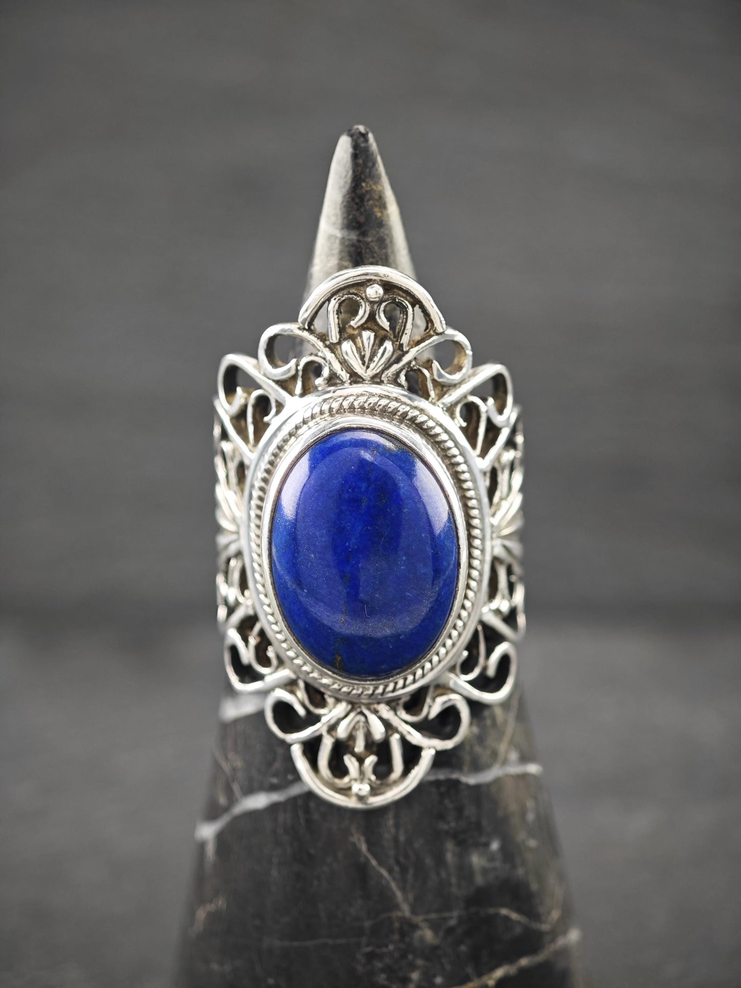 Vintage Lapis, Filigree Ring Sterling Silver