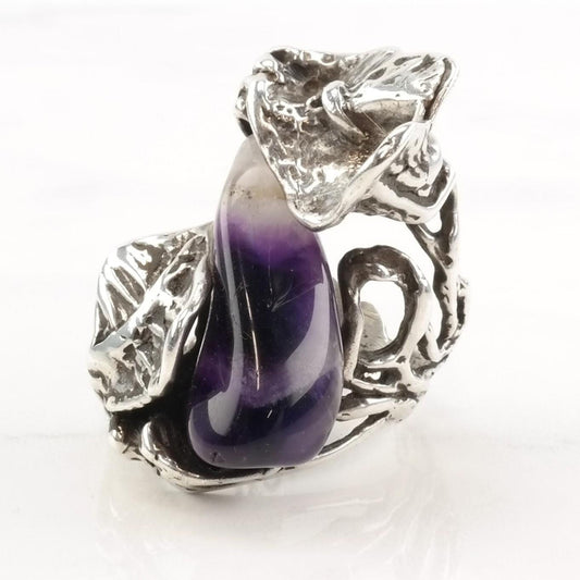 Vintage Brutalist Silver Ring Amethyst Leaf Flower Sterling Size 7 1/2