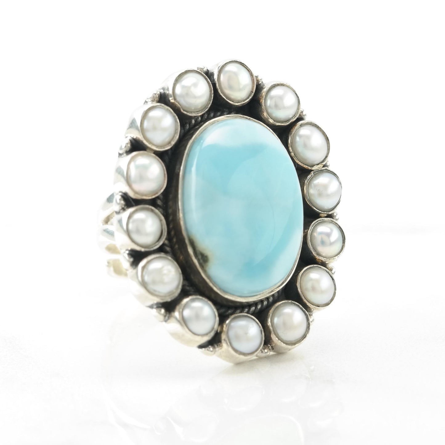 Vintage Large Sterling Silver Larimar Pearl Ring Adjustable