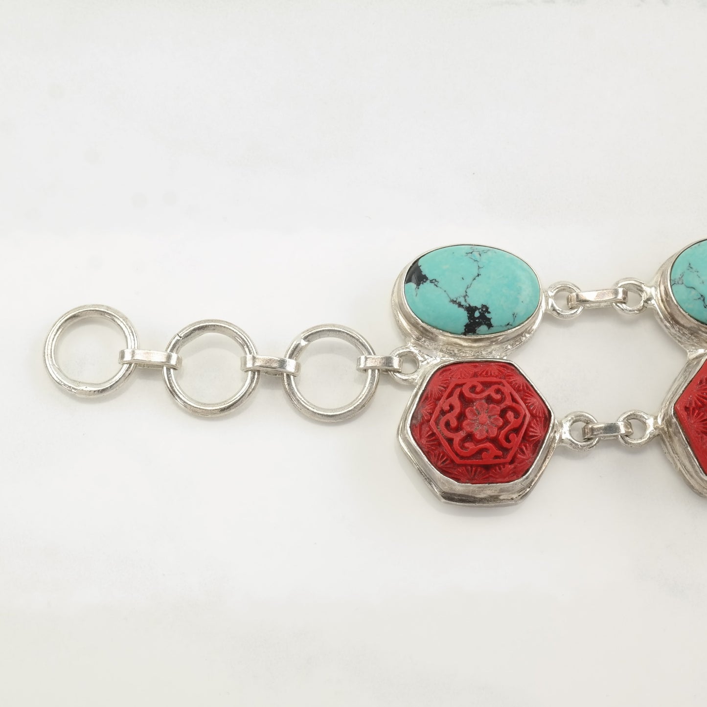 Sterling Silver Turquoise, Cinnabar, Lizard, Carved Link Bracelet