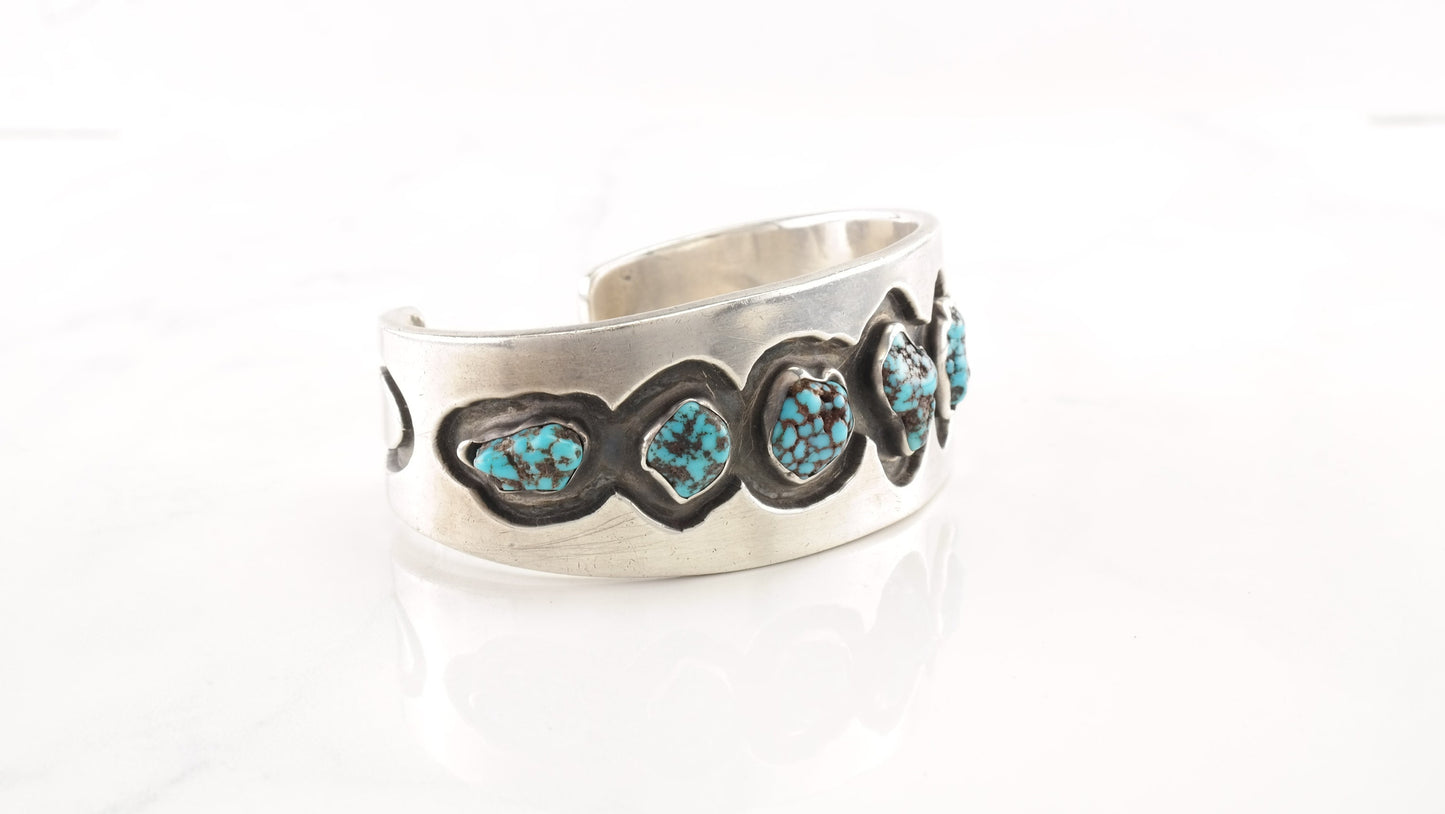 Native American Sterling Silver Cuff Bracelet Blue Spiderweb, Turquoise Nuggets