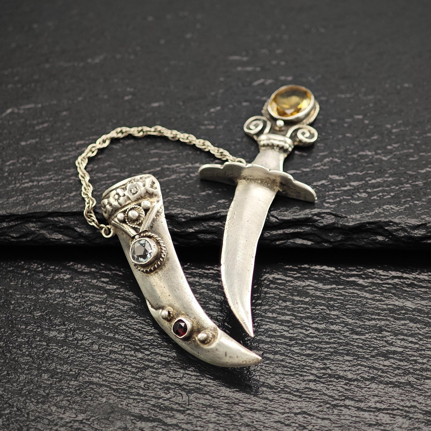 Handmade Sterling Silver Scimitar Brooch with Citrine Aquamarine Garnet Accents