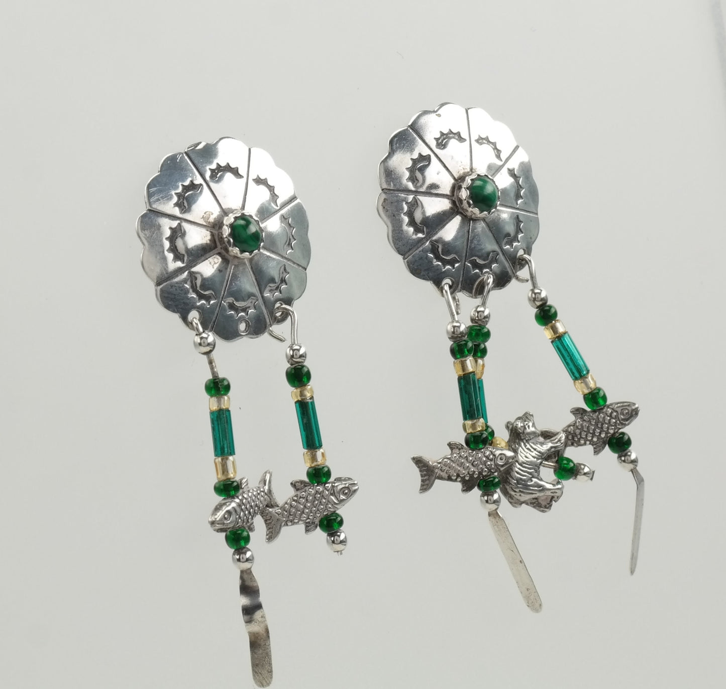 Southwest Sterling Silver Malachite Animal Dreamcatcher Bead Earrings