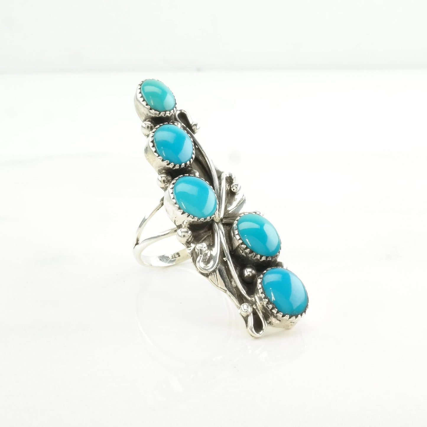 Southwest Silver Ring Block Turquoise Floral Sterling Blue Size 7 1/4