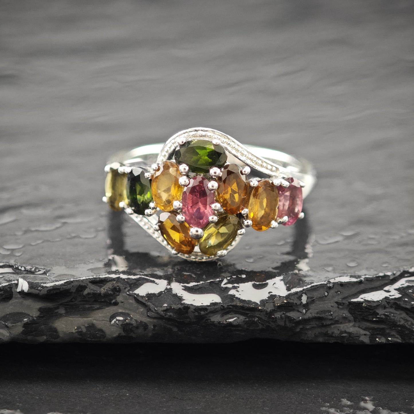 Natural Gem Flower Ring Sterling Silver Size 9